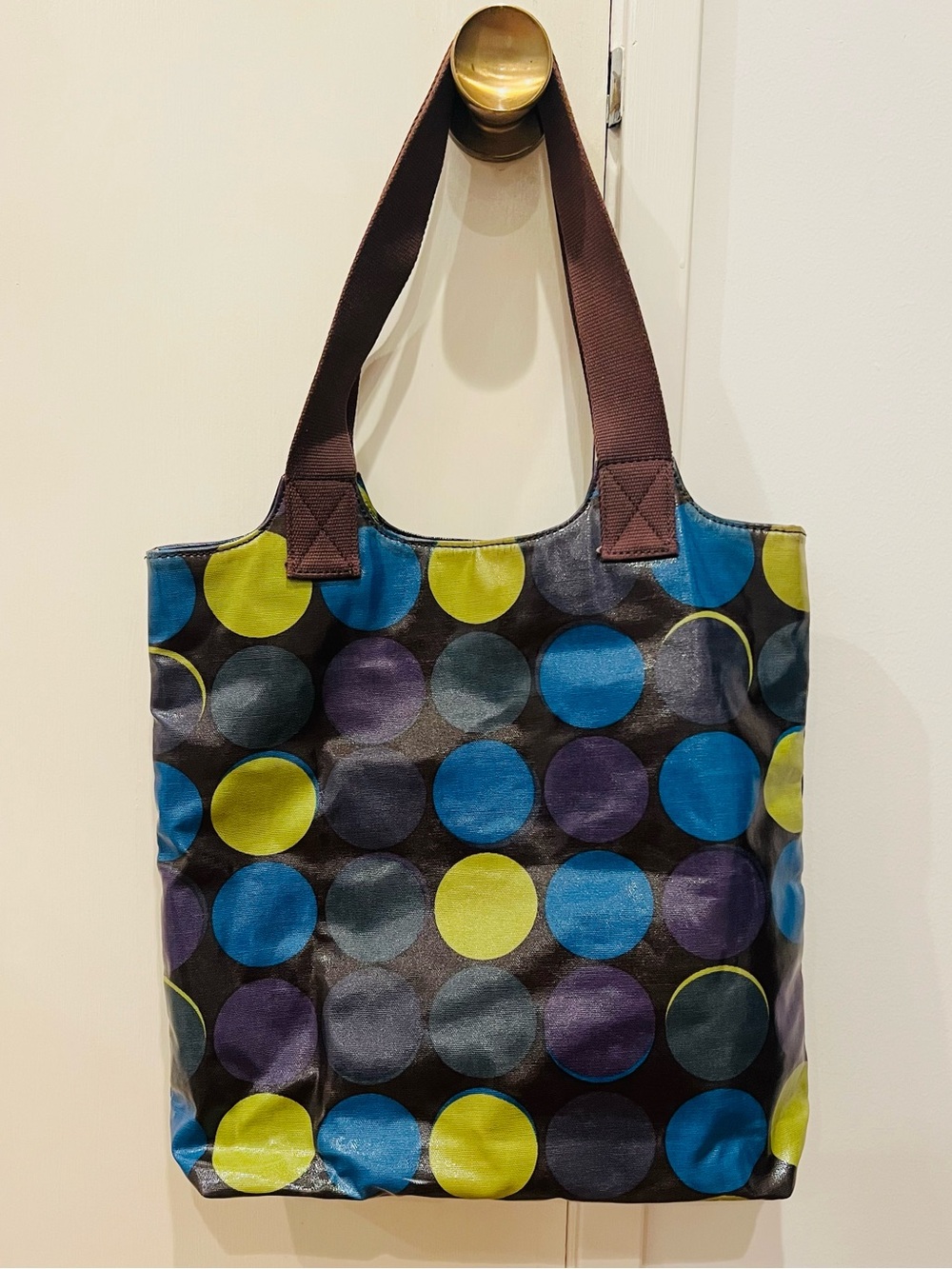 🤎Boden Polka Dot Coated Canvas Tote Bag •Brown/Blue/Yellow/Purple